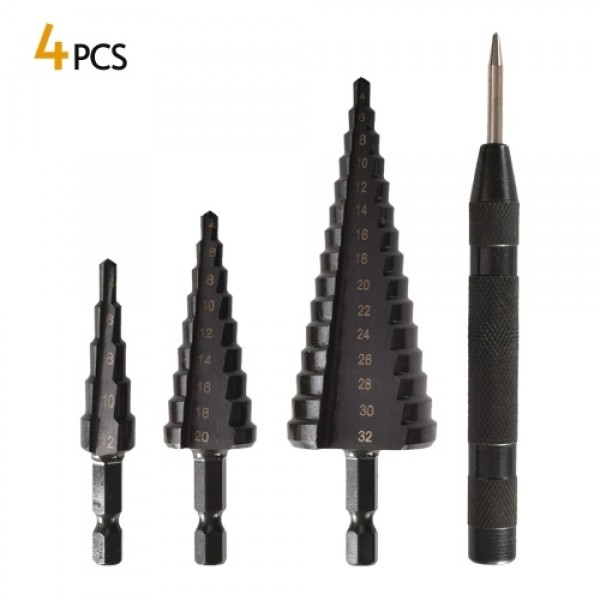 4PCS HSS Cobalt Stepped Drill Bit Set Practical Black Nitride Coated Metal Drilling Bits Kit for Thin Iron/Steel/PVC/Wood Panel