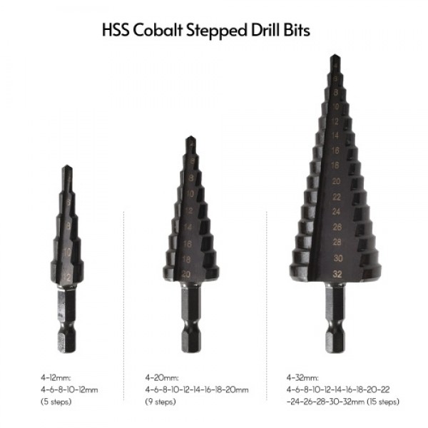 4PCS HSS Cobalt Stepped Drill Bit Set Practical Black Nitride Coated Metal Drilling Bits Kit for Thin Iron/Steel/PVC/Wood Panel