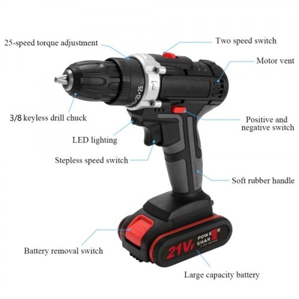 21V Multifunctional Electric Impact Cordless Drill High-power Lithium Battery Wireless Rechargeable Hand Drills Home DIY Electri