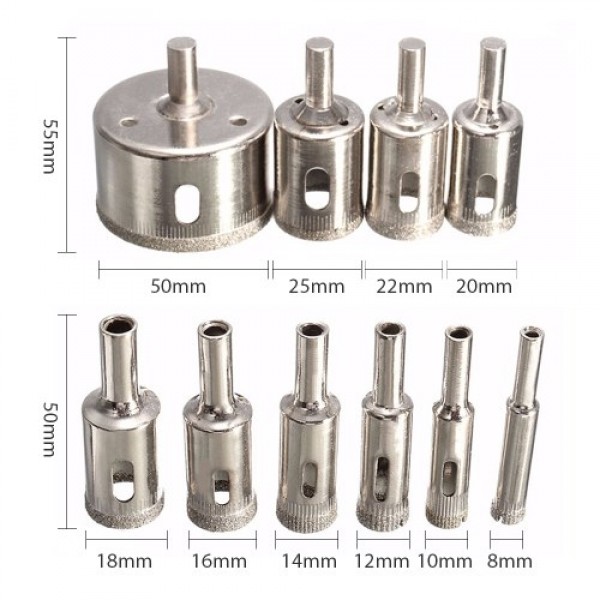 Diamond Drill Bit Set 10Pcs Hole Saw 8-25mm-50mm for Diamond Coating Carbon Steel Glass Ceramics Porcelain Tile Brick Marble