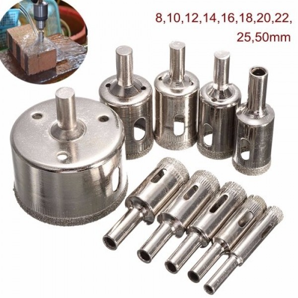 Diamond Drill Bit Set 10Pcs Hole Saw 8-25mm-50mm for Diamond Coating Carbon Steel Glass Ceramics Porcelain Tile Brick Marble
