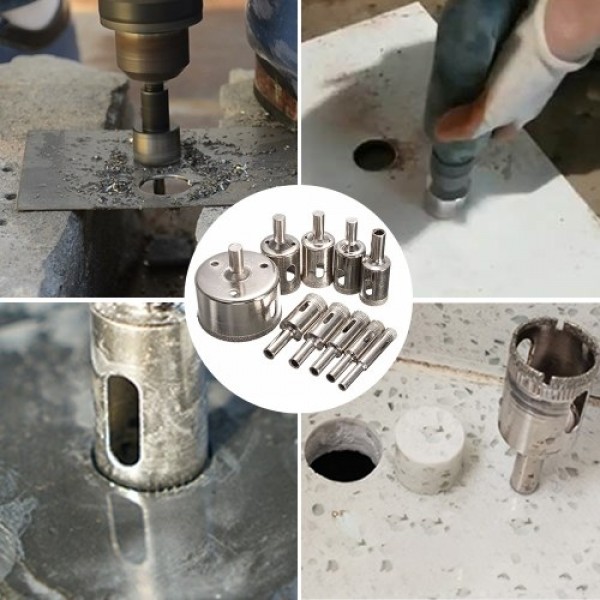 Diamond Drill Bit Set 10Pcs Hole Saw 8-25mm-50mm for Diamond Coating Carbon Steel Glass Ceramics Porcelain Tile Brick Marble