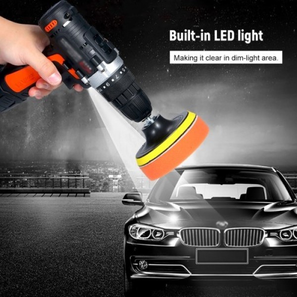 12V Cordless Drill / Driver Kit 1400rpm Variable Speed Polisher Car Buffer Waxer Set with Light Rechargeable Power Screwdriver w