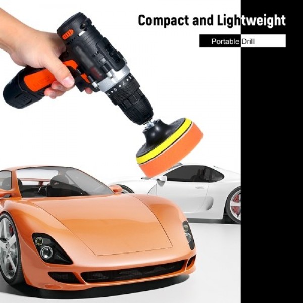 12V Cordless Drill / Driver Kit 1400rpm Variable Speed Polisher Car Buffer Waxer Set with Light Rechargeable Power Screwdriver w