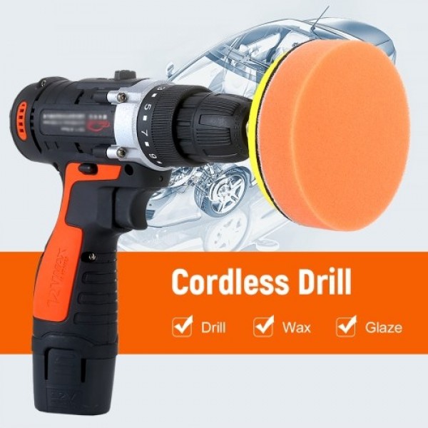 12V Cordless Drill / Driver Kit 1400rpm Variable Speed Polisher Car Buffer Waxer Set with Light Rechargeable Power Screwdriver w
