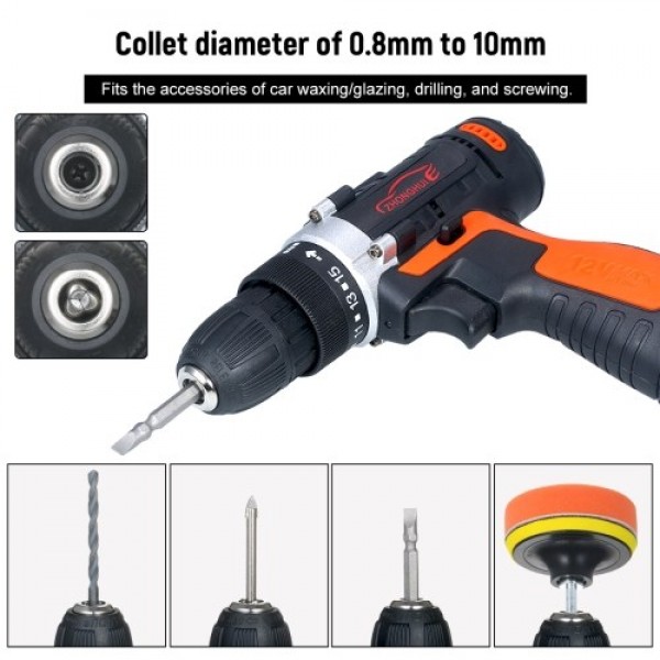 12V Cordless Drill / Driver Kit 1400rpm Variable Speed Polisher Car Buffer Waxer Set with Light Rechargeable Power Screwdriver w