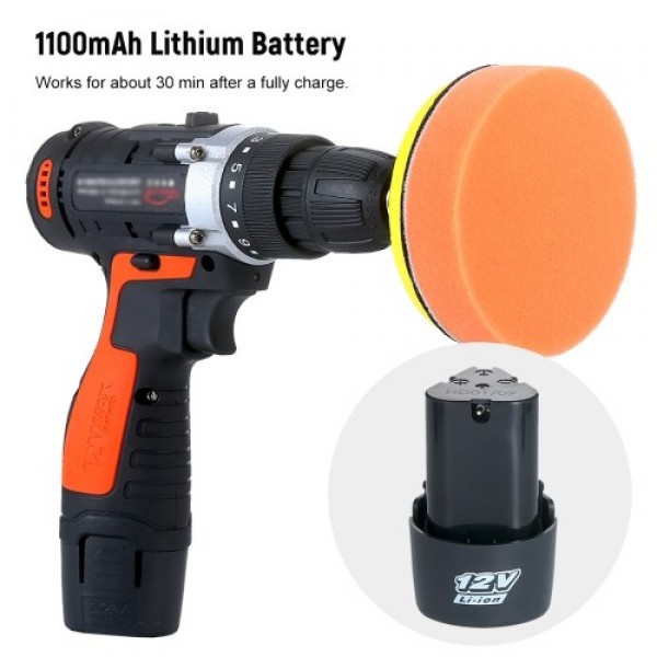 12V Cordless Drill / Driver Kit 1400rpm Variable Speed Polisher Car Buffer Waxer Set with Light Rechargeable Power Screwdriver w