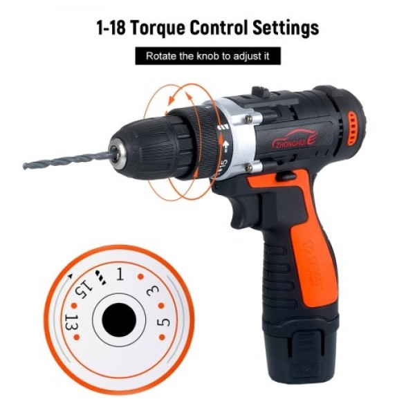 12V Cordless Drill / Driver Kit 1400rpm Variable Speed Polisher Car Buffer Waxer Set with Light Rechargeable Power Screwdriver w