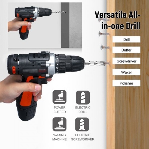 12V Cordless Drill / Driver Kit 1400rpm Variable Speed Polisher Car Buffer Waxer Set with Light Rechargeable Power Screwdriver w