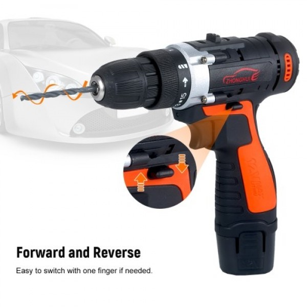 12V Cordless Drill / Driver Kit 1400rpm Variable Speed Polisher Car Buffer Waxer Set with Light Rechargeable Power Screwdriver w