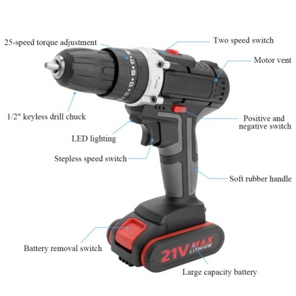 Multifunctional Electric Impact Cordless Drill High-power Lithium Battery Wireless Rechargeable Hand Drills Home DIY Electric Po