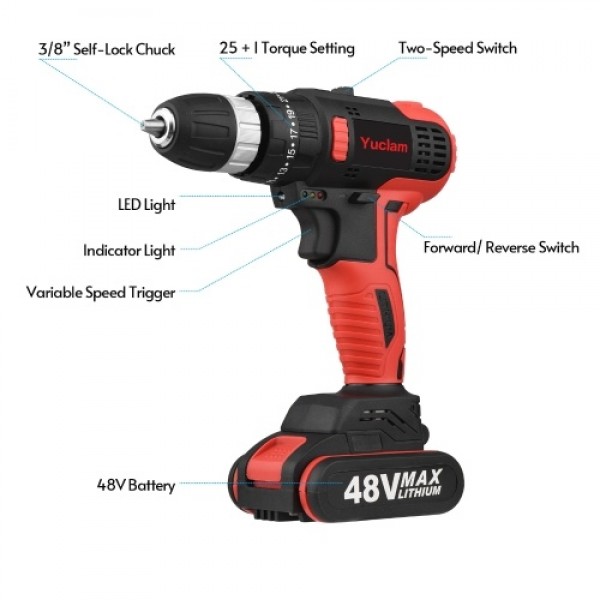 Cordless Screwdriver Yuclam Electric Screwdriver Two-Speed Brushless Impact Drill with LED Light 25 + 1 Torque Flexible Shaft 3/