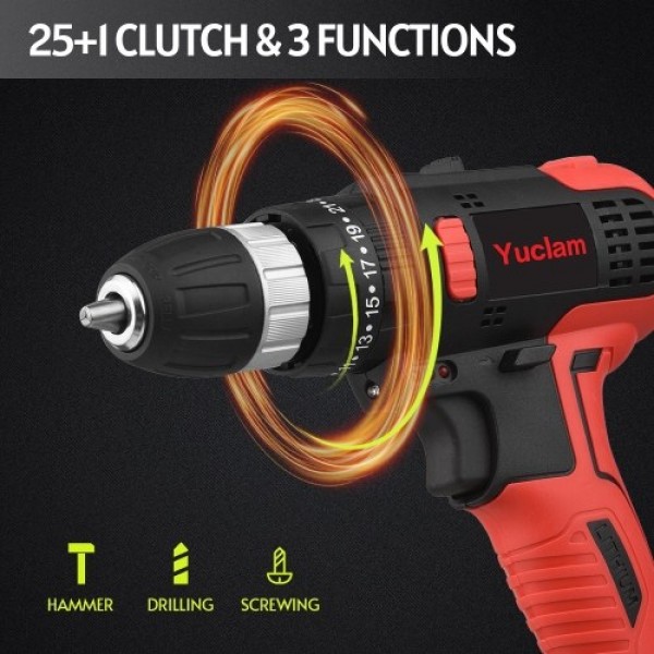 Cordless Screwdriver Yuclam Electric Screwdriver Two-Speed Brushless Impact Drill with LED Light 25 + 1 Torque Flexible Shaft 3/