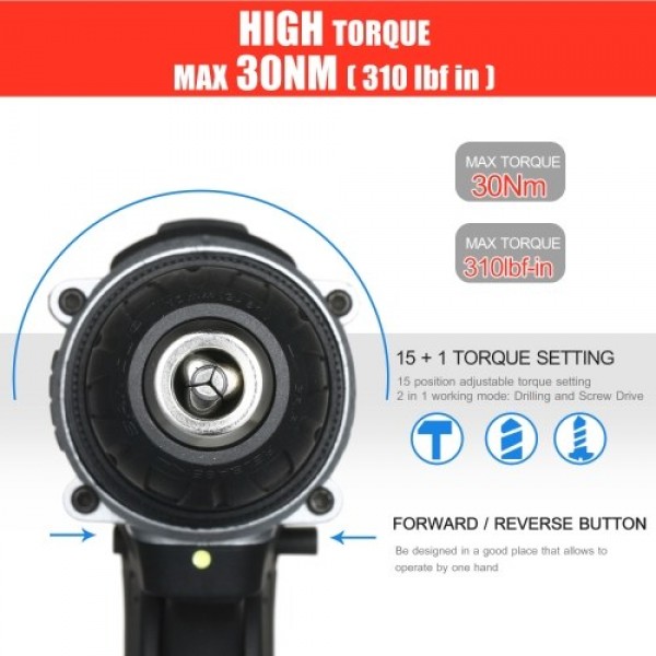 21V Cordless Drill Dirve Kit 2 Speed All Copper Cordless Power Drill with 2x1.5Ah Batteries Fast Charger 15+1 Torque Setting Max