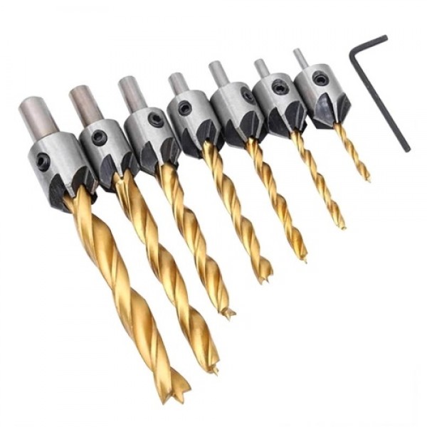 7Pcs Countersink Drill Bits Set with Chamfering Combination Pedestal Hex Key Wrench for Woodworking Carpentry Bit
