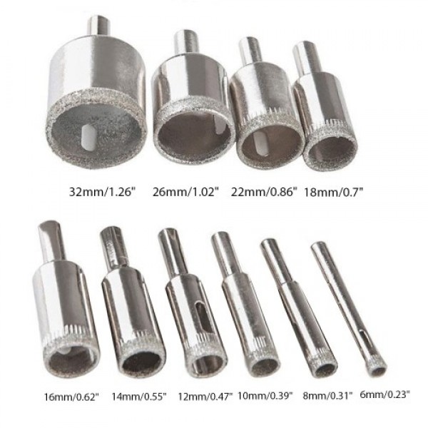 Diamond Drill Bit Set 10Pcs Hole Saw 6-32mm for Diamond Coating Carbon Steel Glass Ceramics Porcelain Tile Brick Marble