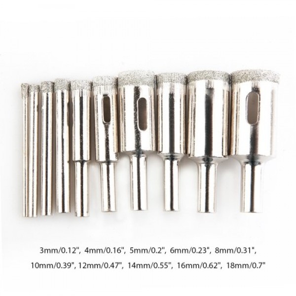 Diamond Drill Bit Set 10Pcs Hole Saw 3-18mm for Diamond Coating Carbon Steel Glass Ceramics Porcelain Tile Brick Marble