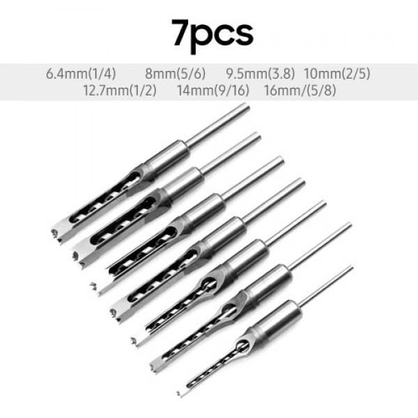 7pcs Square Hole Drill Bit Woodworking Hole Saw Mortising Chisel Steel Drill Bits Set 1/4 inch, 5/16 inch, 3/8 inch, 2/5 inch, 1