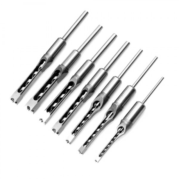 7pcs Square Hole Drill Bit Woodworking Hole Saw Mortising Chisel Steel Drill Bits Set 1/4 inch, 5/16 inch, 3/8 inch, 2/5 inch, 1