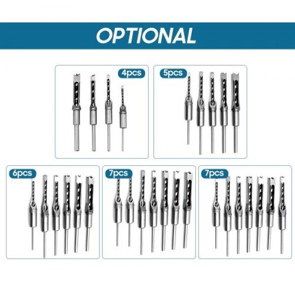 7pcs Square Hole Drill Bit Woodworking Hole Saw Mortising Chisel Steel Drill Bits Set 1/4 inch, 5/16 inch, 3/8 inch, 2/5 inch, 1