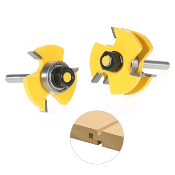 2PCS 3/4" Stock 1/4" Shank Tongue &amp; Groove Router Bit Set 3 Teeth T-shape Wood Milling Cutter For Woodworking Tools