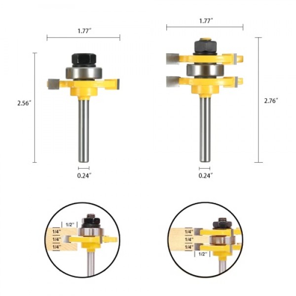 2PCS 3/4" Stock 1/4" Shank Tongue &amp; Groove Router Bit Set 3 Teeth T-shape Wood Milling Cutter For Woodworking Tools