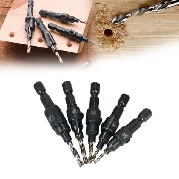 5pcs HSS Countersink Drill Cone Bit Set 1/4" Hex Shank Quick Change Taper Drill for Woodworking Screw Carpentry Reamer Chamfer M