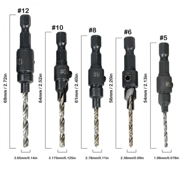 5pcs HSS Countersink Drill Cone Bit Set 1/4" Hex Shank Quick Change Taper Drill for Woodworking Screw Carpentry Reamer Chamfer M