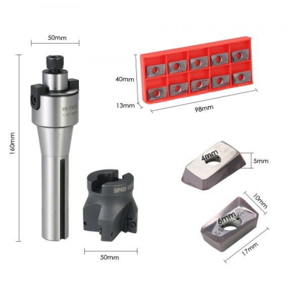 2" R8-FMB22 Shank Face Shell Mill Arbor + 400R 50MM CNC End Milling Cutter + 10pcs/box APMT1604 Carbide Inserts + T15 Wrench CNC