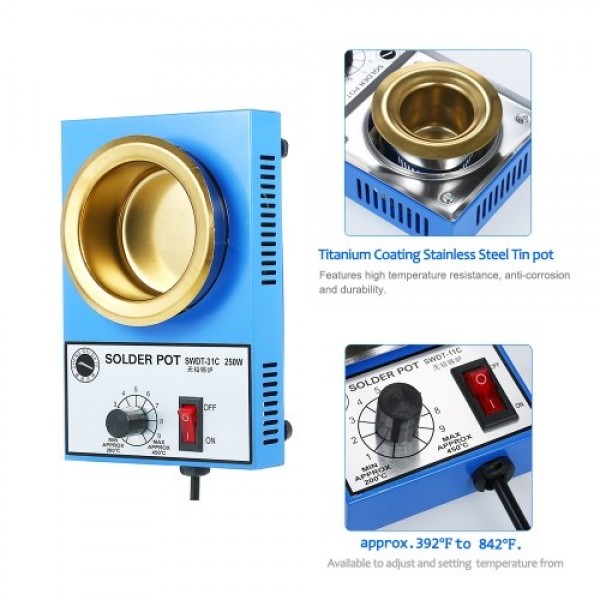 250W 220V 80mm 800g Mini Lead Free Soldering Pot Titanium Coating Stainless Steel Solder Pot Compact Temperature Adjustable