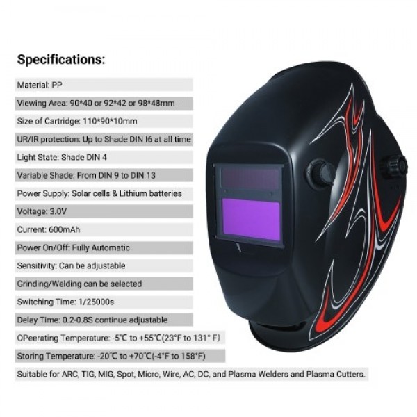 Welding Helmet Solar Powered Auto Darkening Protective Helmet Shield with Variable Shade from DIN9 to DIN13 Suitable for ARC TIG