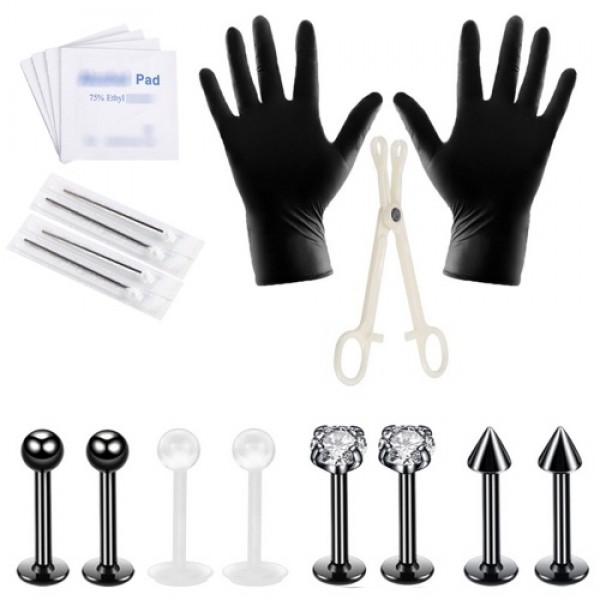 19Pcs Body Piercing Tools Kit Nose Tragus Tongue L...
