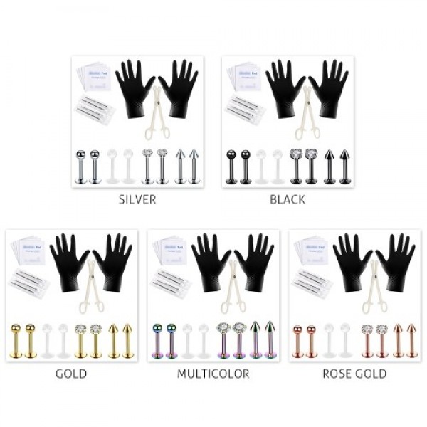 19Pcs Body Piercing Tools Kit Nose Tragus Tongue Lip Needles Piercing Bar Ring Stainless Steel Jewelry Set