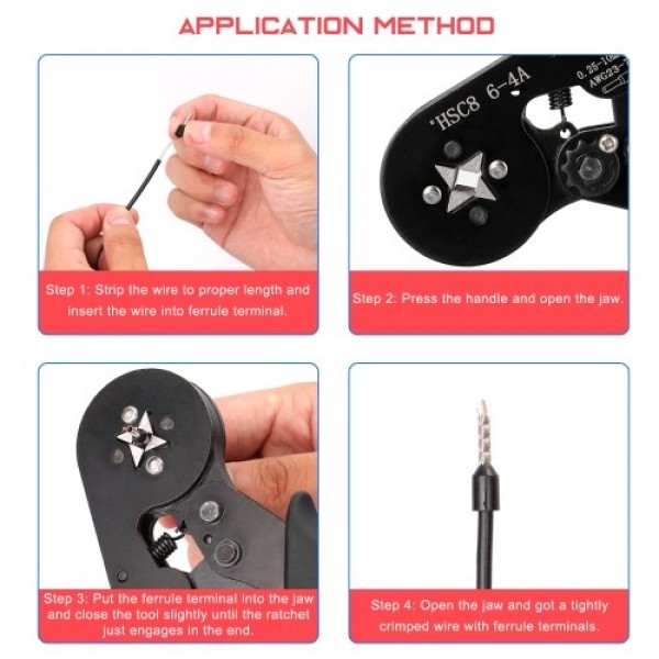 HSC8 6-4 0.25-10m㎡ AWG23-7 Ferrule Crimping Tool Kit High Hardness Crimper Plier with 1200pcs Wire Ferrules Crimp Ends Terminal