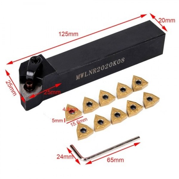 MWLNR2020K08 Holder + 10Pcs WNMG080404 Carbide Inserts + Wrench for Lathe Turning