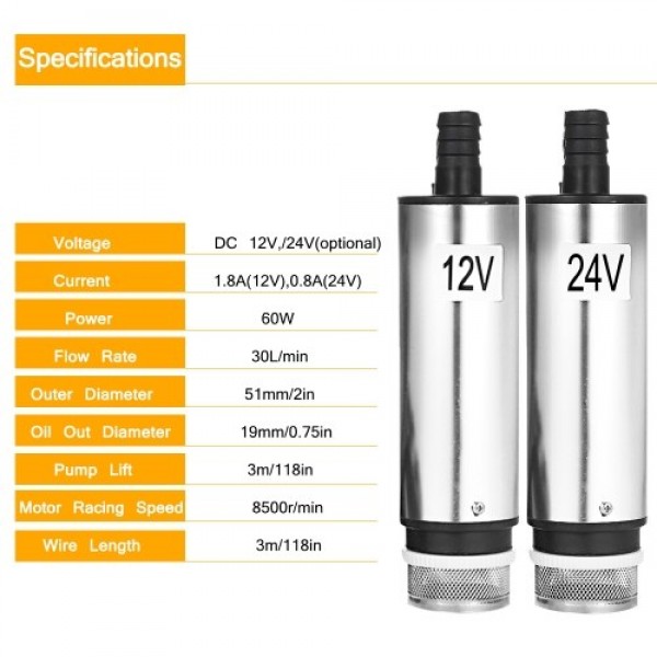 DC 12V/24V Submersible Pump for Pumping Diesel Oil Water 51mm Water Oil Diesel Fuel Transfer Pump Refueling with Fliter Screen
