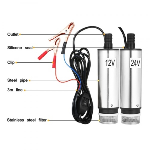DC 12V/24V Submersible Pump for Pumping Diesel Oil Water 51mm Water Oil Diesel Fuel Transfer Pump Refueling with Fliter Screen