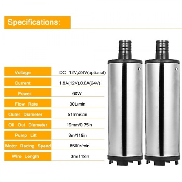 DC 12V/24V Submersible Pump for Pumping Diesel Oil Water 51mm Water Oil Diesel Fuel Transfer Pump Refueling