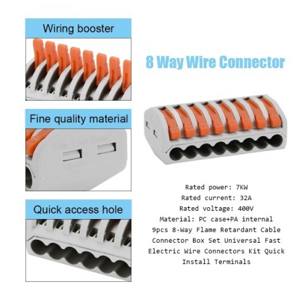 9pcs 8-Way Flame Retardant Cable Connector Box Set Universal Fast Electric Wire Connectors Kit Quick Install Terminals