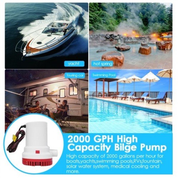 2000 GPH High Capacity Bilge Pump 12V DC Submersible Water Pump Yacht RV Boat Marine Pump with 1-1/8 Inches Outlet (29mm)