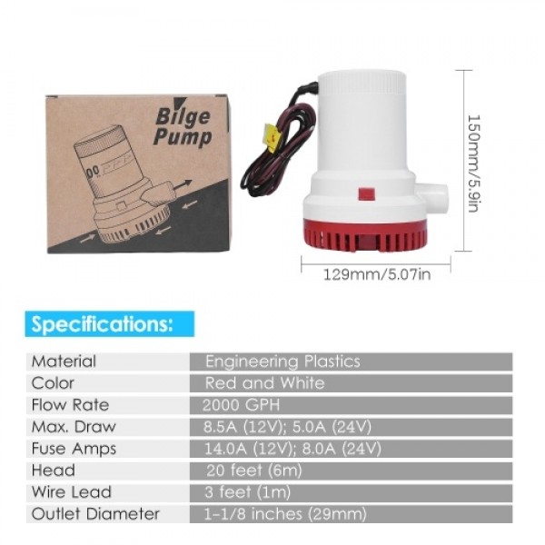 2000 GPH High Capacity Bilge Pump 12V DC Submersib...