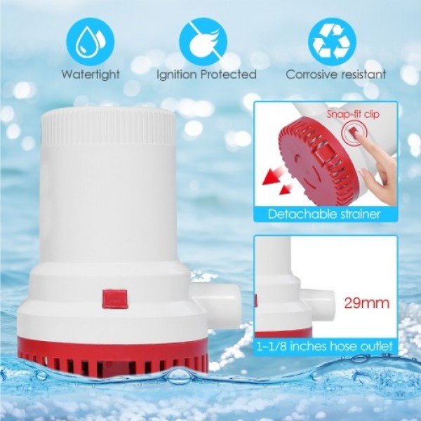 2000 GPH High Capacity Bilge Pump 12V DC Submersible Water Pump Yacht RV Boat Marine Pump with 1-1/8 Inches Outlet (29mm)
