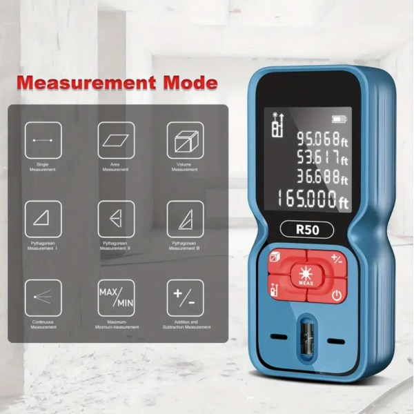 165FT Laser Distance Meter Digital Laser Range Finder Distance Rangefinder M/in/Ft Switching Pythagorean Mode, Measure Distance, Area, Volume Portable Digital Measuring Tool
